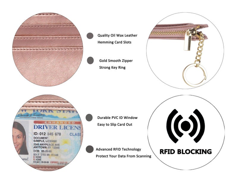 Woogwin حامل بطاقات ائتمان RFID نحيف ووجوين للنساء، محفظة صغيرة لجيب أمامي مع سلسلة مفاتيح (ذهب وردي زيتي) - Image 3